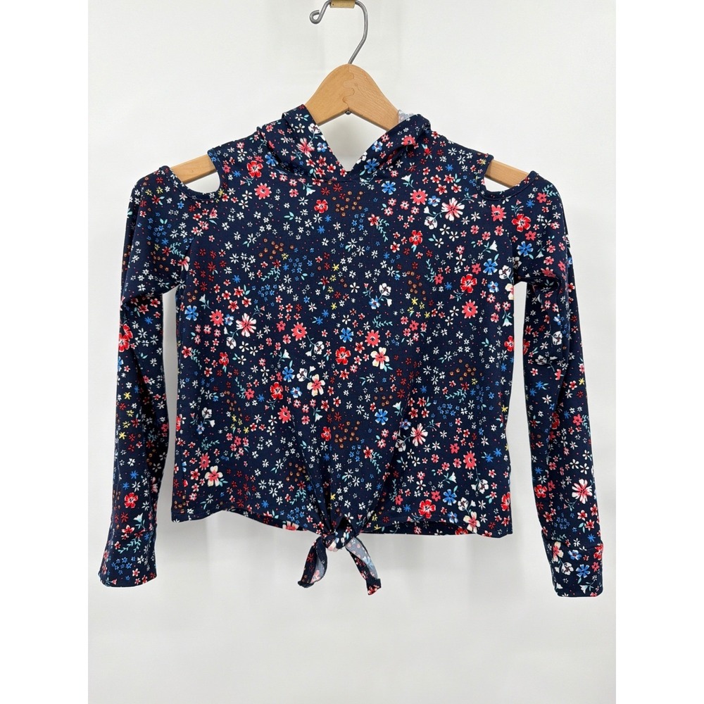 Joey B Girls Navy Blue Floral Cold Shoulder Tie Front Hoodie Top Large 10/12